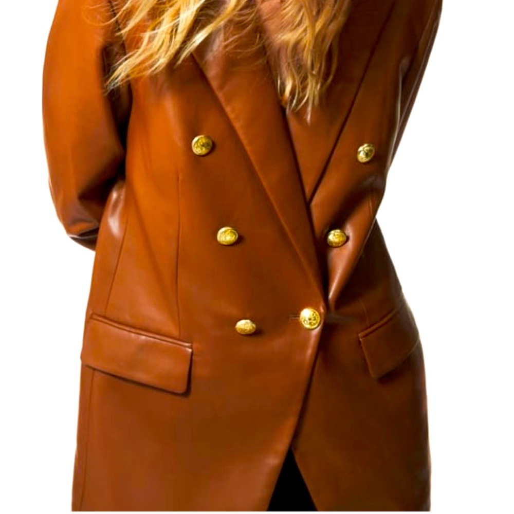Zara sz S vegan leather double breasted blazer with brass buttons